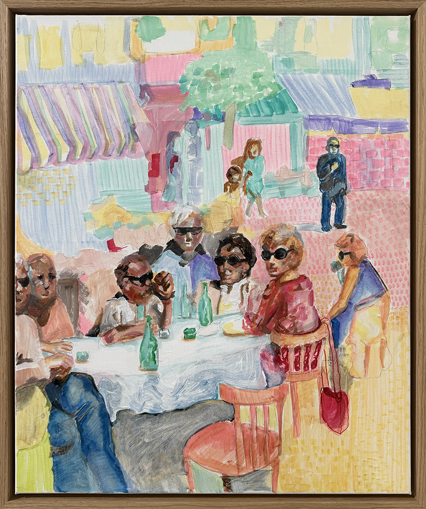 “Akrylmaleri av vennegjeng rundt et bord på ferie med solbriller og sommerstemning – motiv om gjensyn og blandede følelser.”