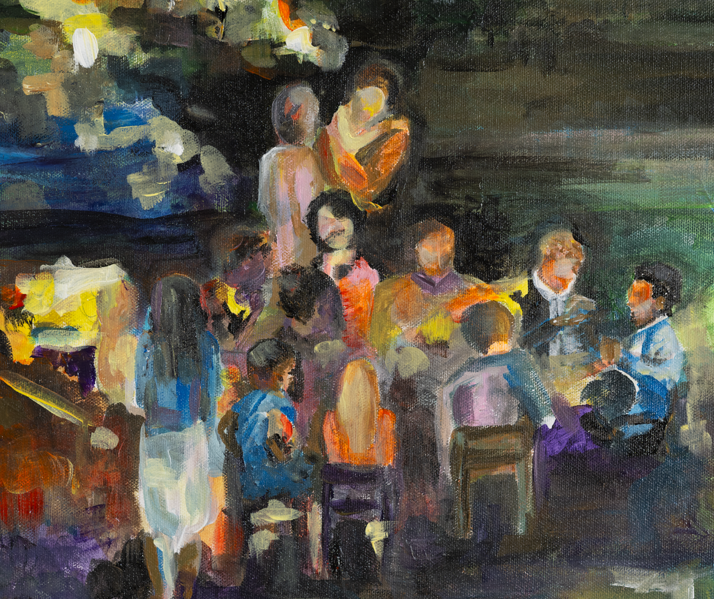 “Akrylmaleri av en italiensk sommerkveld med venner og familie rundt et bord under et tre – fargerikt motiv av glede og fellesskap.”