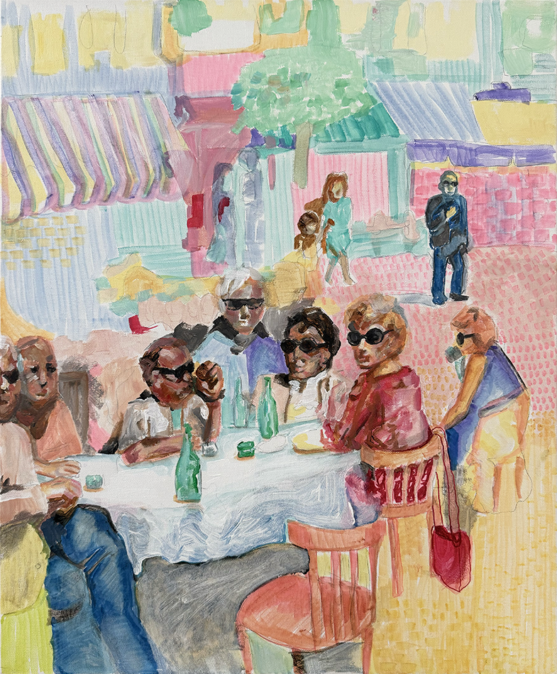 “Akrylmaleri av vennegjeng rundt et bord på ferie med solbriller og sommerstemning – motiv om gjensyn og blandede følelser.”