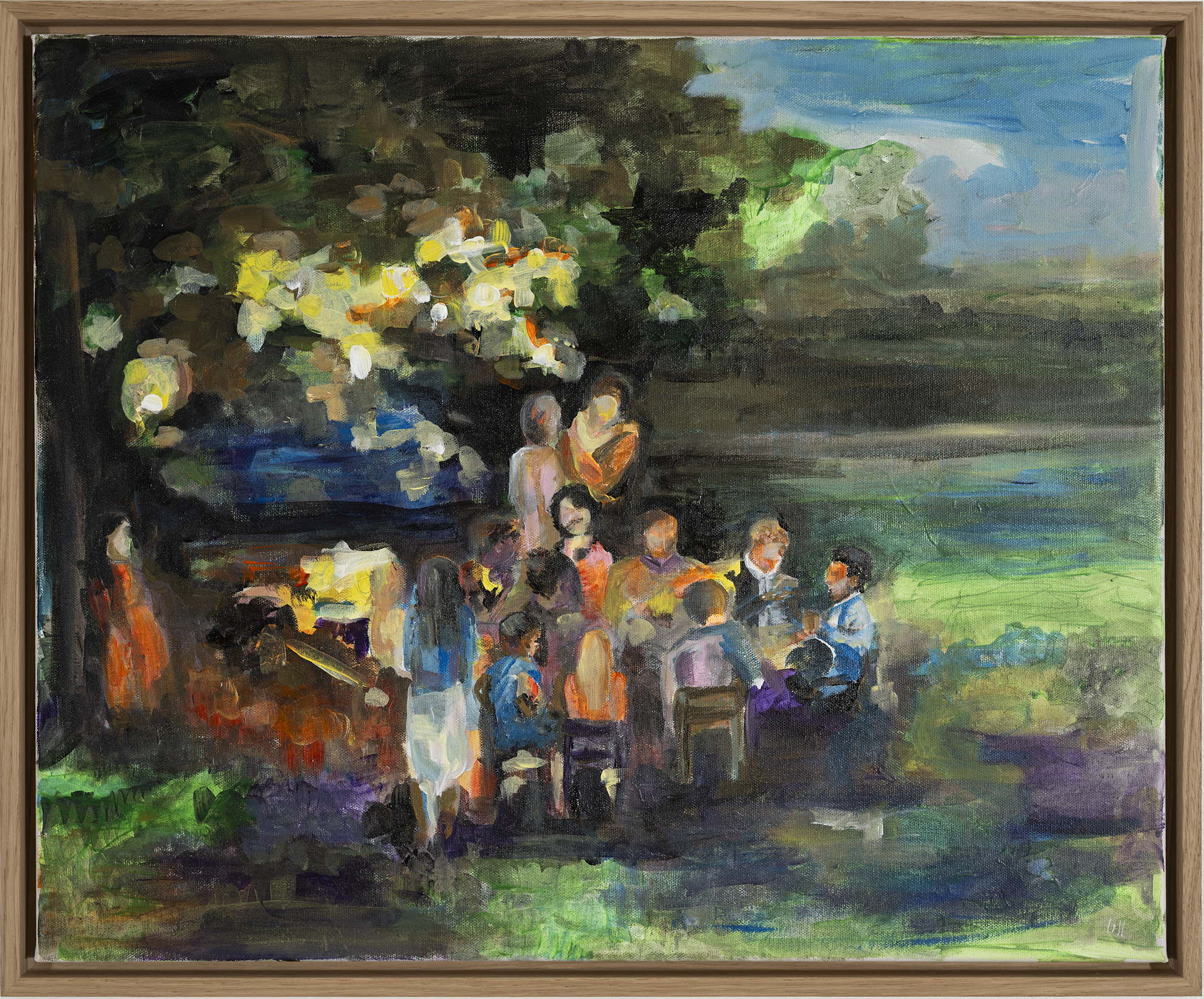 Originalt akrylmaleri av en italiensk sommerkveld med venner og familie samlet rundt bord under et tre – fargerikt og varmt motiv, leveres med treramme”