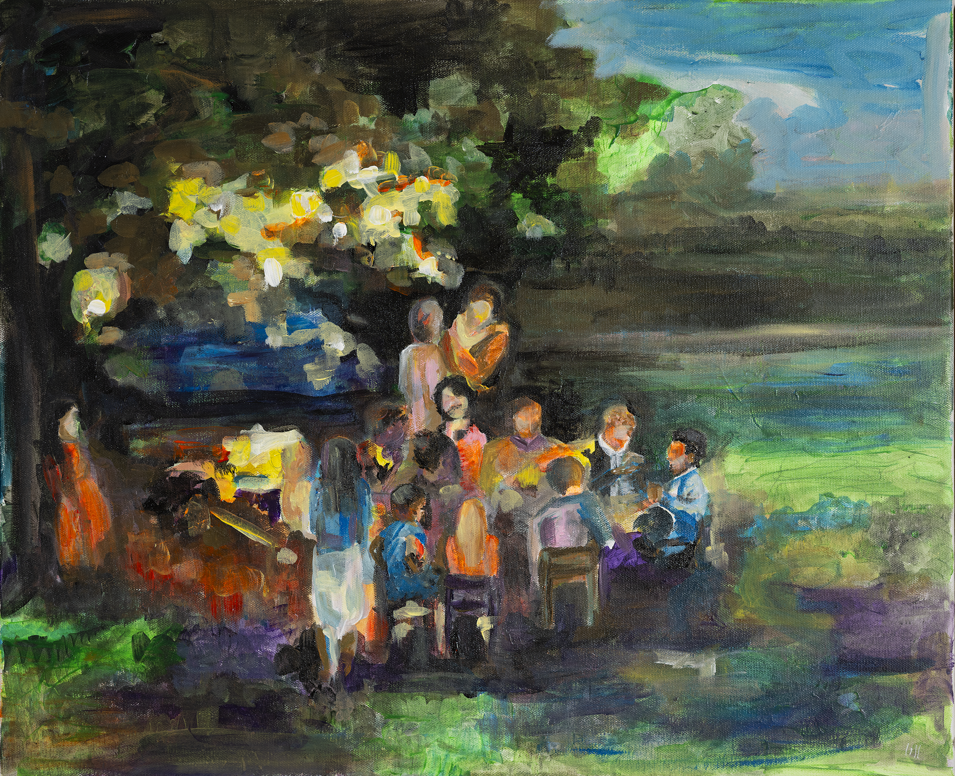 Originalt akrylmaleri av en italiensk sommerkveld med venner og familie samlet rundt bord under et tre – fargerikt og varmt motiv.