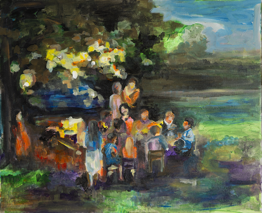 Originalt akrylmaleri av en italiensk sommerkveld med venner og familie samlet rundt bord under et tre – fargerikt og varmt motiv.